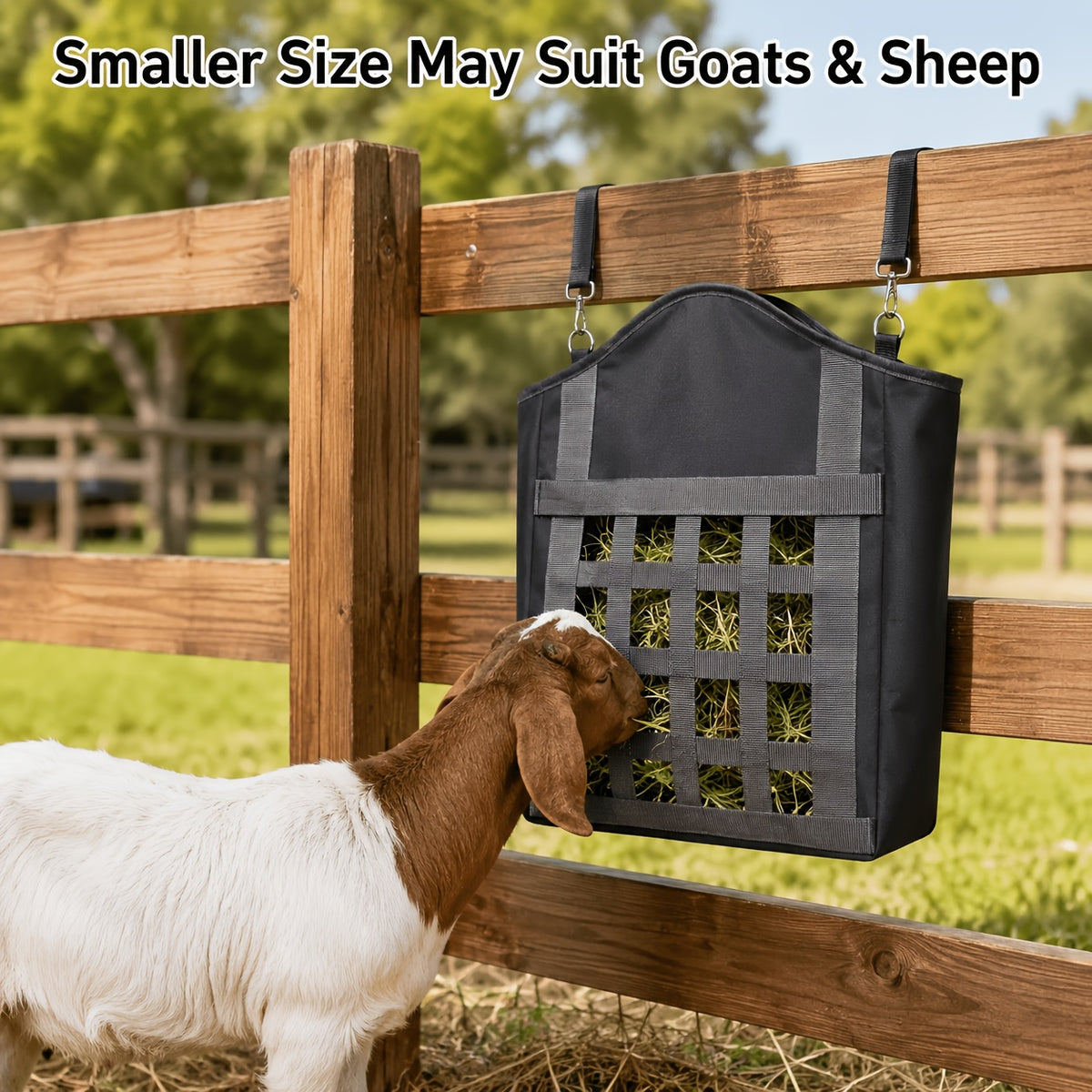 Hanging Hay Feeder Bag for Horses, Goats and Sheep, Open-Top Forage Holder with Grid Feeding Panel for Barn Stalls, Fences and Trailers