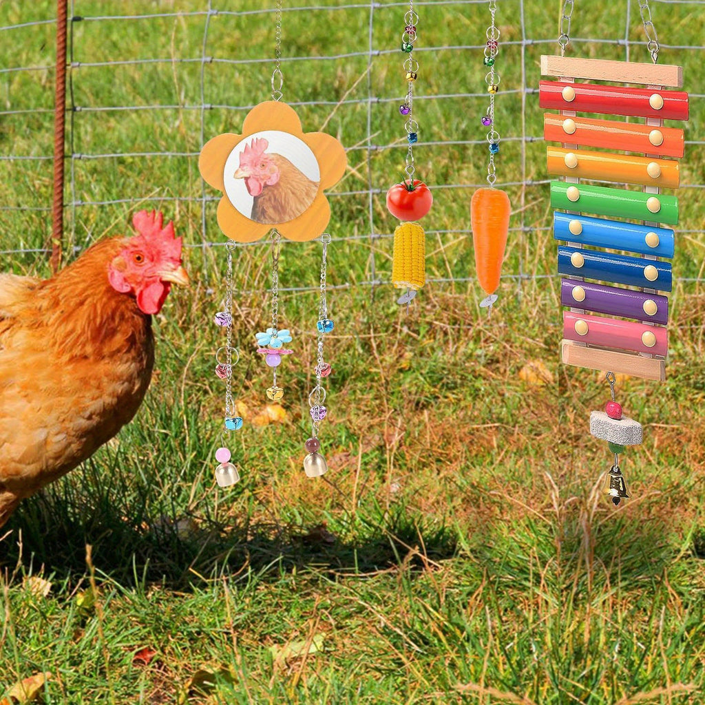 Chicken Enrichment Toys with Xylophone, Mirror, Ladder Bridge and Swing, 5 or 9 Piece Hanging Coop Accessory Sets for Backyard Hens and Poultry Play
