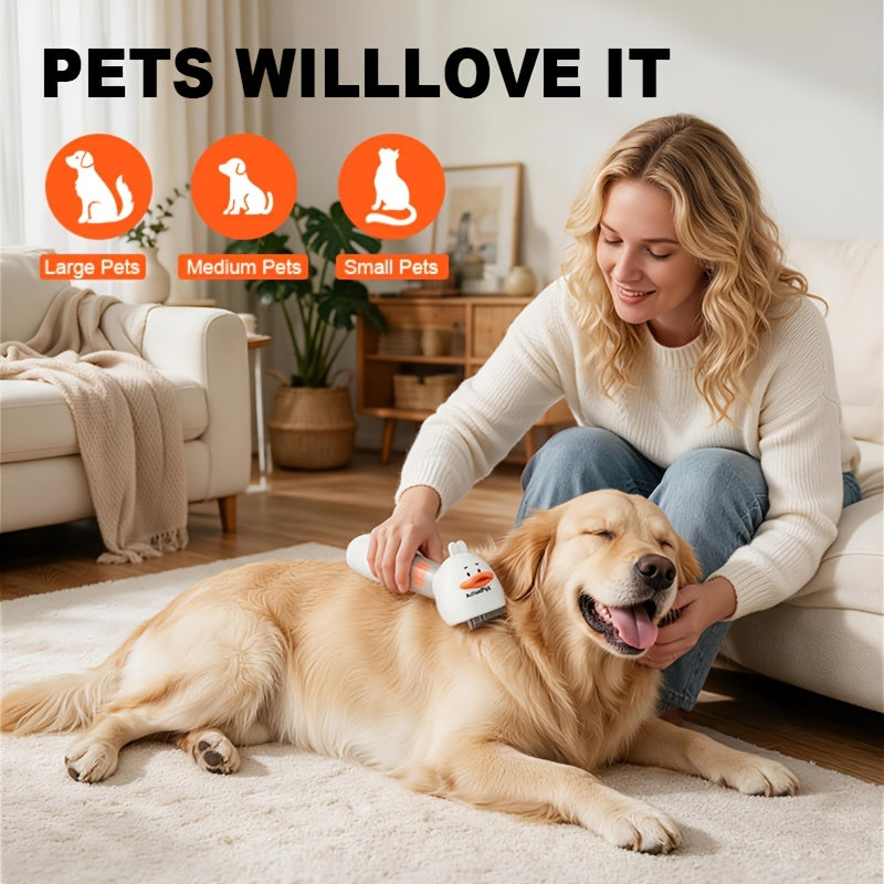 Pet Grooming Vacuum Brush 4-in-1, White Handheld Dog and Cat Deshedding Kit with Self-Cleaning Slicker, Undercoat Rake, Massage Brush and Blowing Nozzle