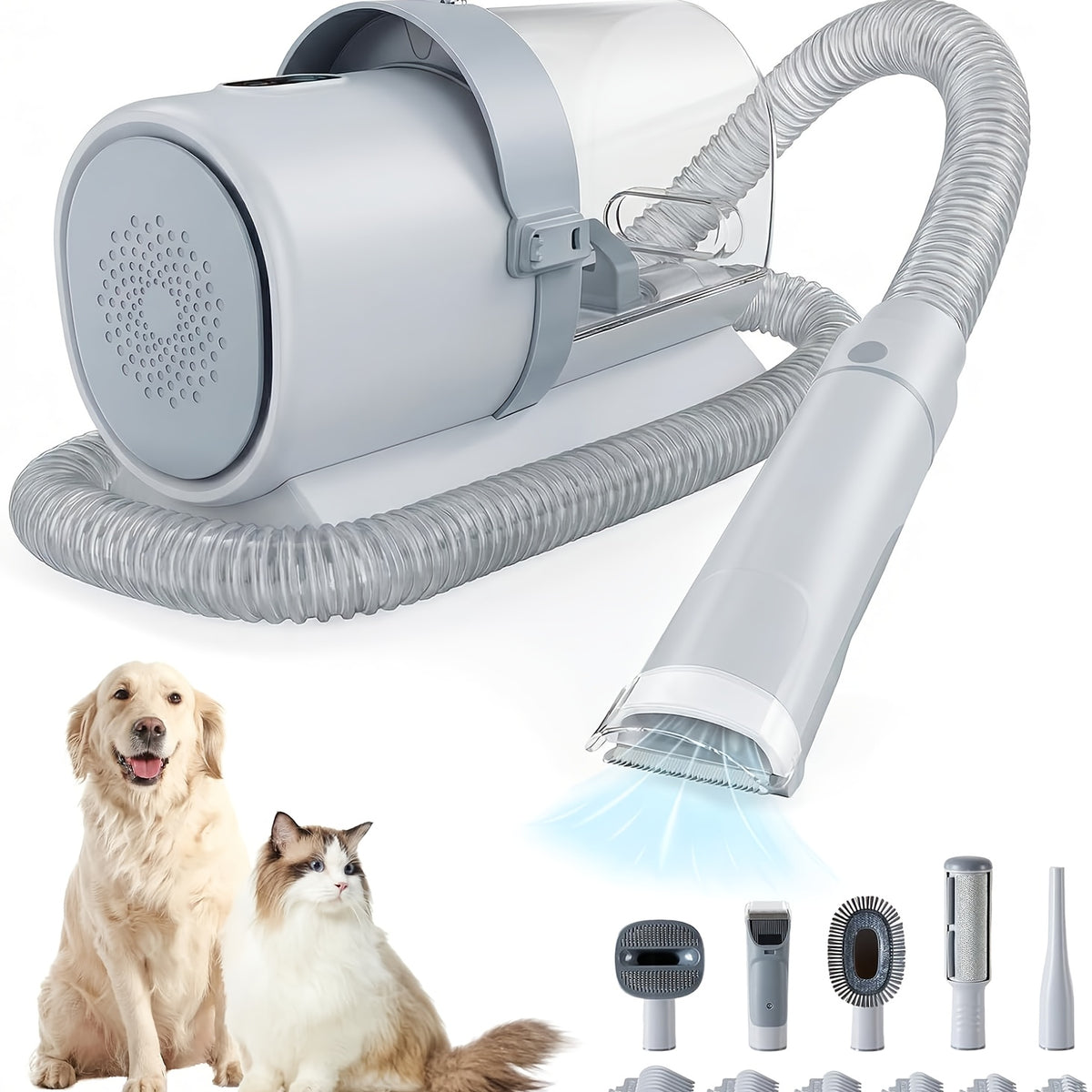 Pet Hair Grooming Vacuum Kit, 5-in-1 Dog and Cat Clippers with 6 Guide Combs, Adjustable Suction and Brushes for At-Home Coat Care