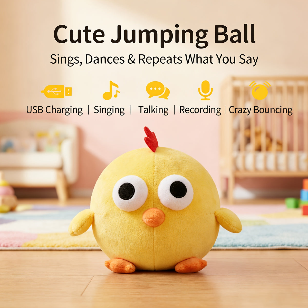 Interactive Plush Dog Toy with Bouncing Ball and Sound, USB Rechargeable Cartoon Animal Pet Toy for Supervised Indoor Chase and Play