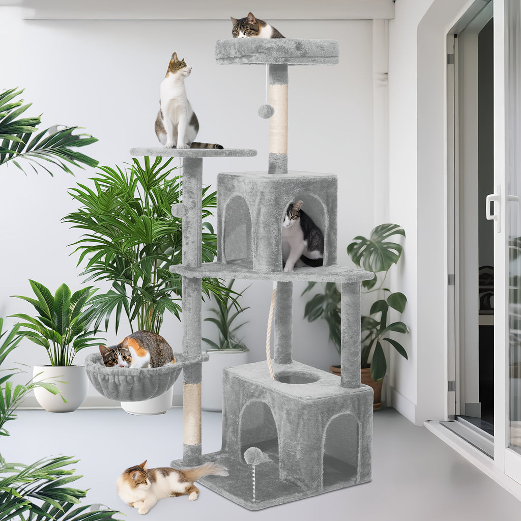 Cat Tree Tower with Condos and Hammock, TSCOMON Indoor Cat Furniture with Sisal Scratching Posts, Top Perches and Pompom Toys for Play and Rest