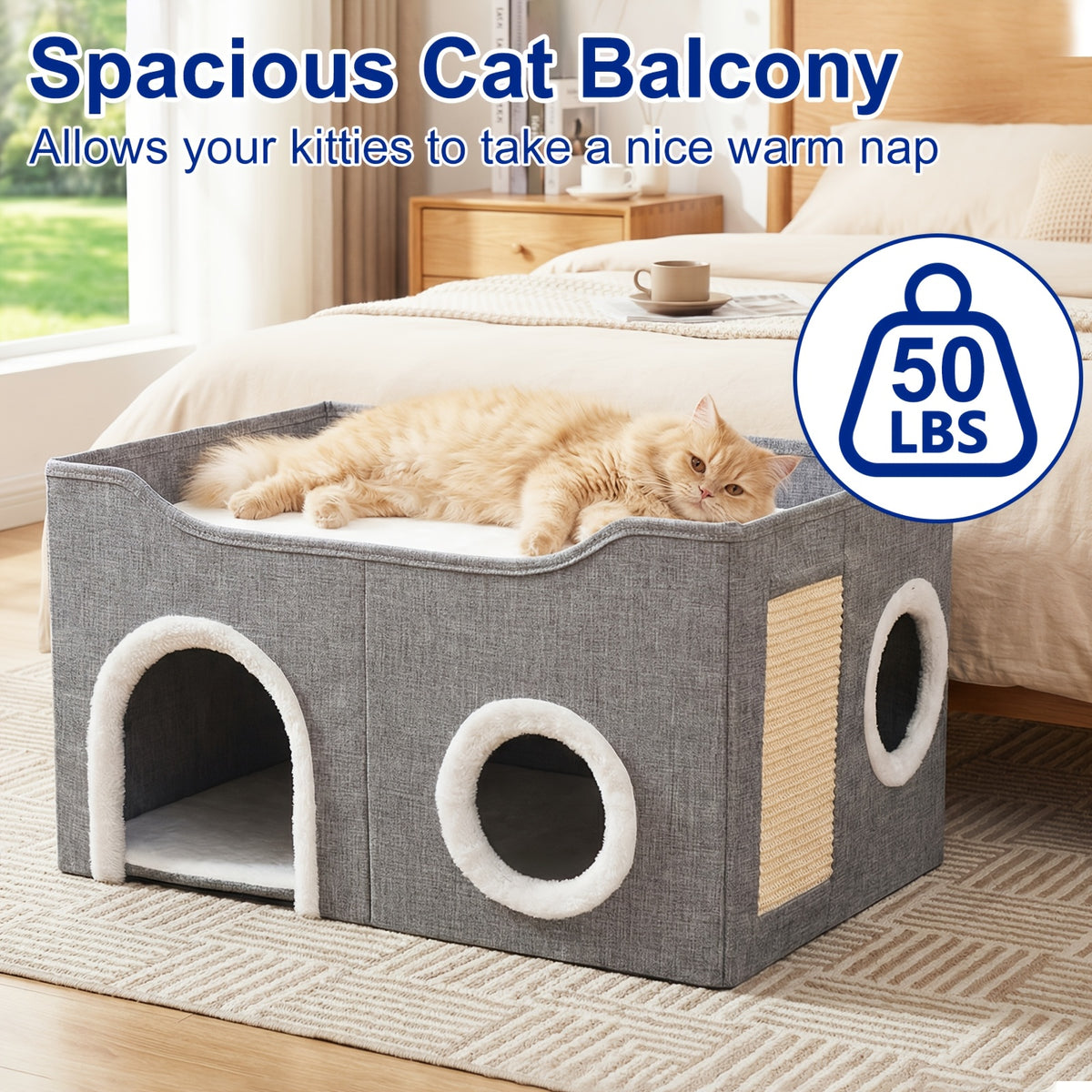 Foldable Cat House with Double-Layer Enclosed Bed and Sisal Scratching Feature, Grey Indoor Cat Hideaway with Multiple Openings for Small Spaces