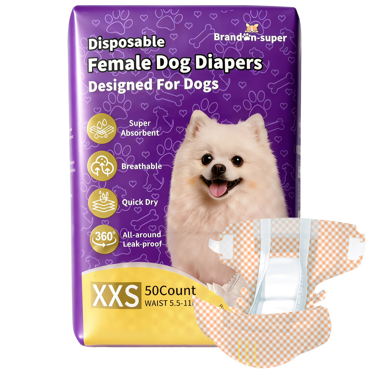 Female Dog Diapers 45 Count, Disposable Absorbent Pet Diapers in XXS to L for Puppies, Senior Dogs, Heat Cycles and Indoor Accident Management