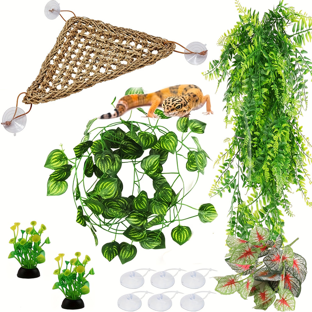 Bearded Dragon Tank Accessories 12 Piece Set with Woven Reptile Hammock, Artificial Plants, Leafy Vine and Suction Cups for Terrarium Decoration