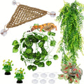 Bearded Dragon Tank Accessories 12 Piece Set with Woven Reptile Hammock, Artificial Plants, Leafy Vine and Suction Cups for Terrarium Decoration