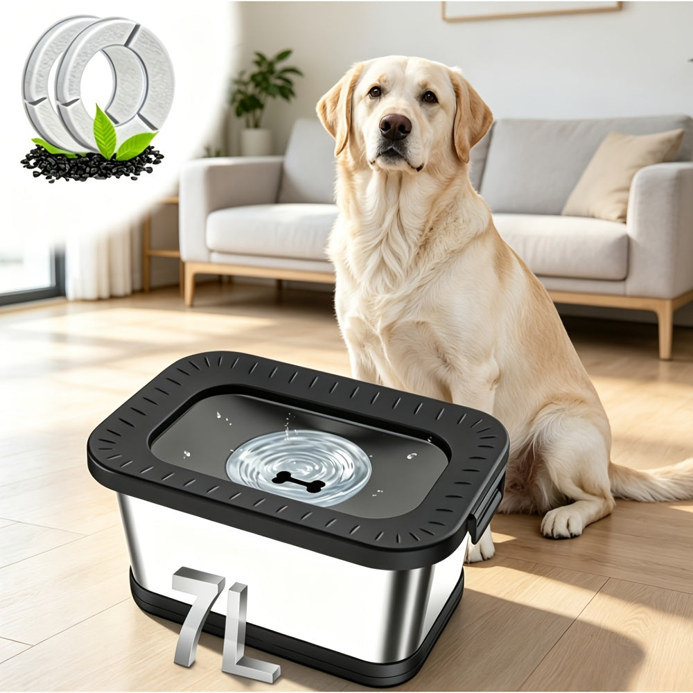 Splash-Reducing Dog Water Bowl 7L, Stainless Steel Slow Drinking Design for Messy Drinkers and Indoor Outdoor Pet Watering, Filter Pack Options