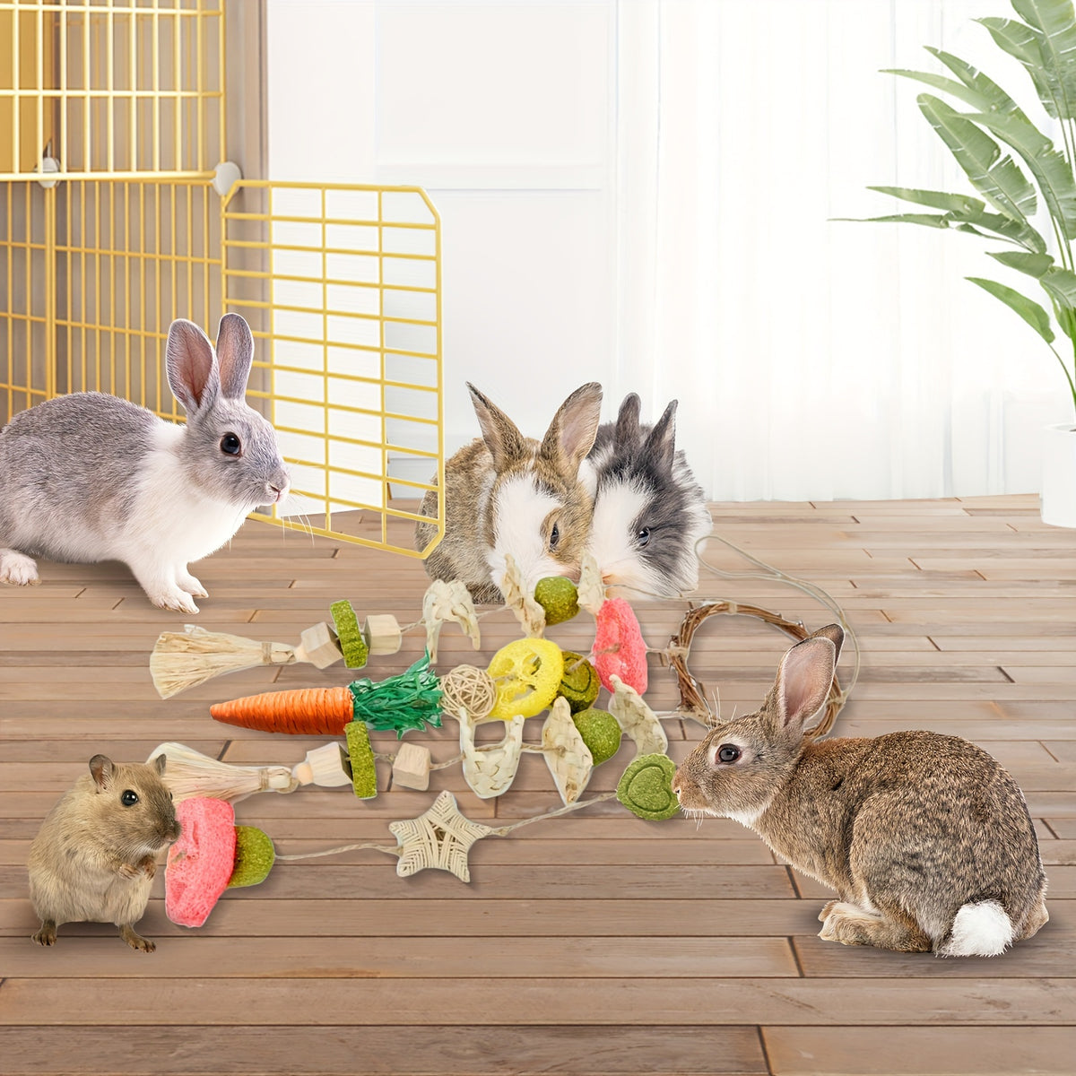 Hanging Rabbit Chew Rings 2 Pack, Rattan Bunny Cage Toys with Snacks for Supervised Small Pet Enrichment, Rabbit and Hamster Listed Option