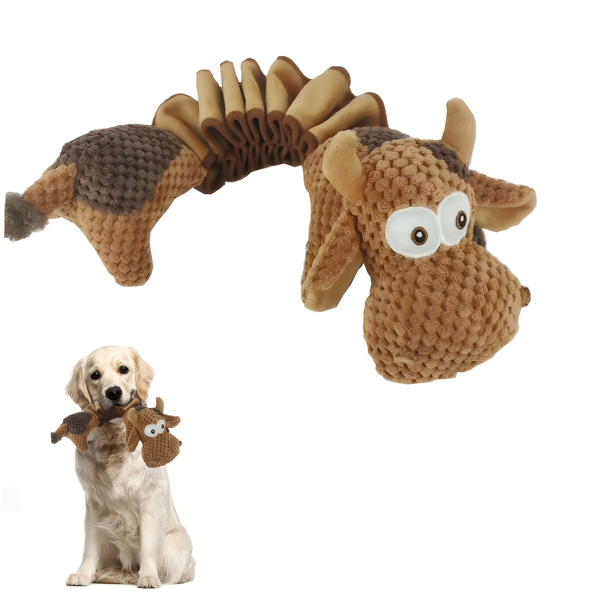 Crinkle Plush Dog Toy with Accordion Body, Spring Dog or Spring Cow Stuffed Pull Toy for Supervised Gentle Tug, Fetch and Interactive Pet Play