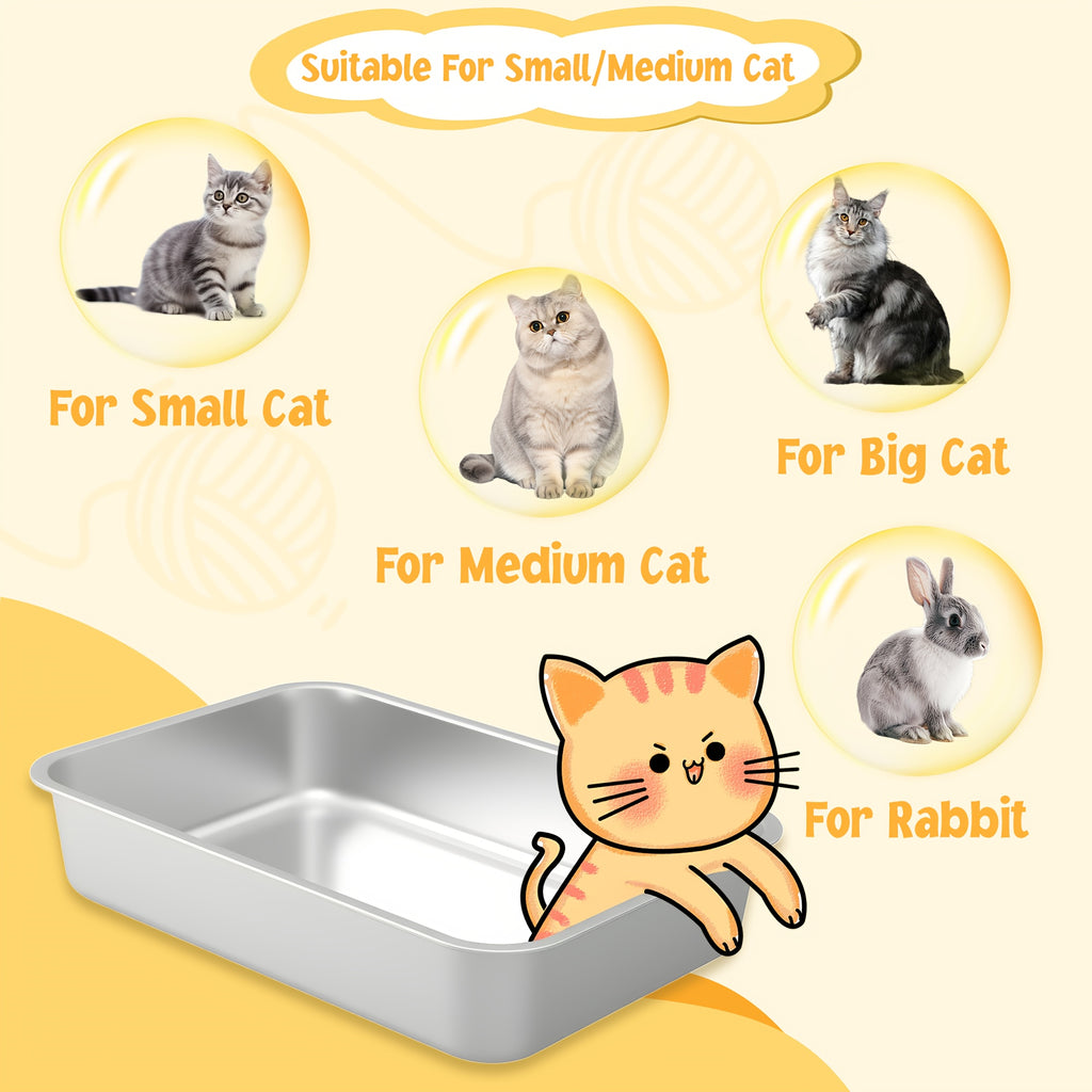 Stainless Steel Sifting Litter Box with High Sides and Buckle-Secured Lid, Pellet Cat Litter Pan with Scoop and Anti-Slip Stickers for Indoor Cats