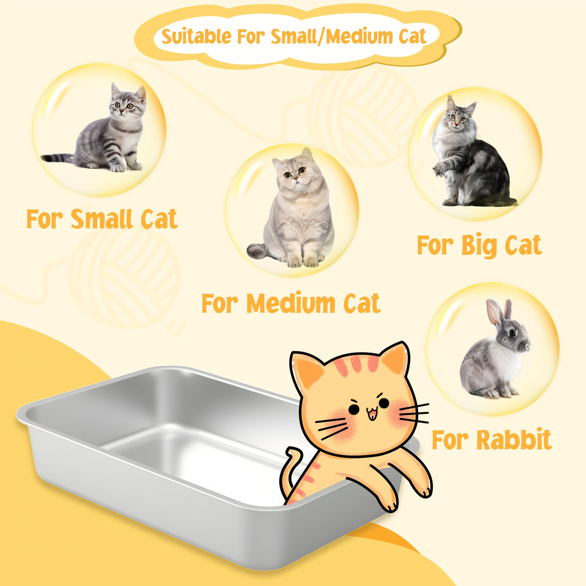 Stainless Steel Sifting Litter Box with High Sides and Buckle-Secured Lid, Pellet Cat Litter Pan with Scoop and Anti-Slip Stickers for Indoor Cats