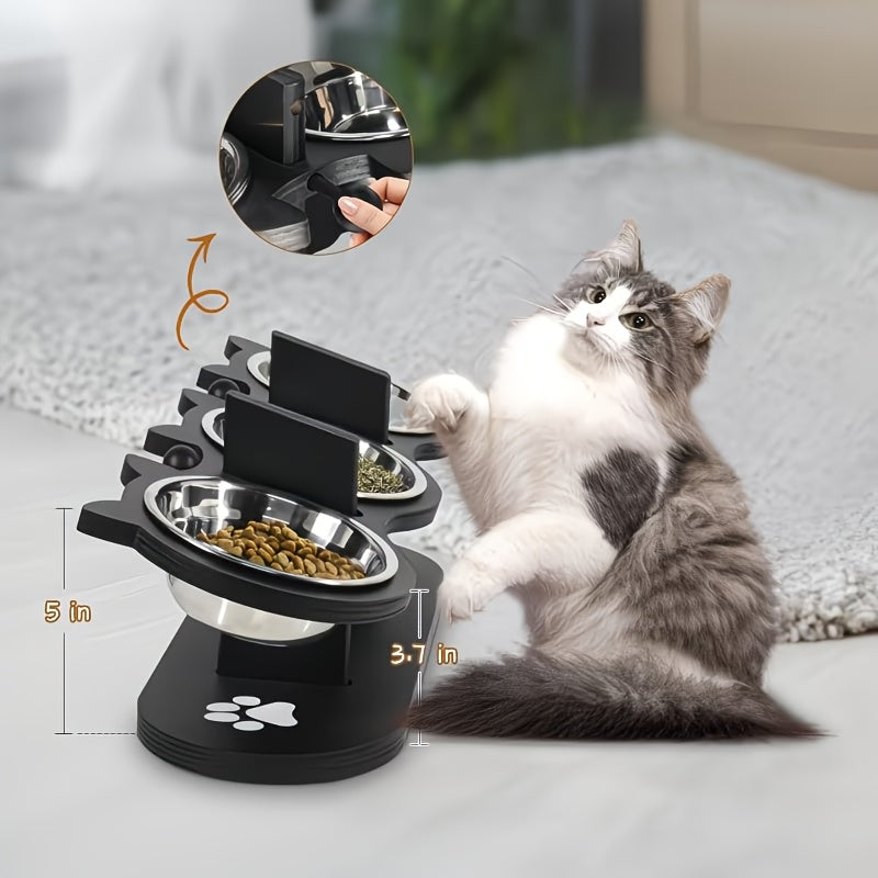 Adjustable Cat Bowl Stand with 3 Stainless Steel Bowls, 15 Degree Tilted Black Elevated Feeding Station with Cat-Ear Holders for Food and Water