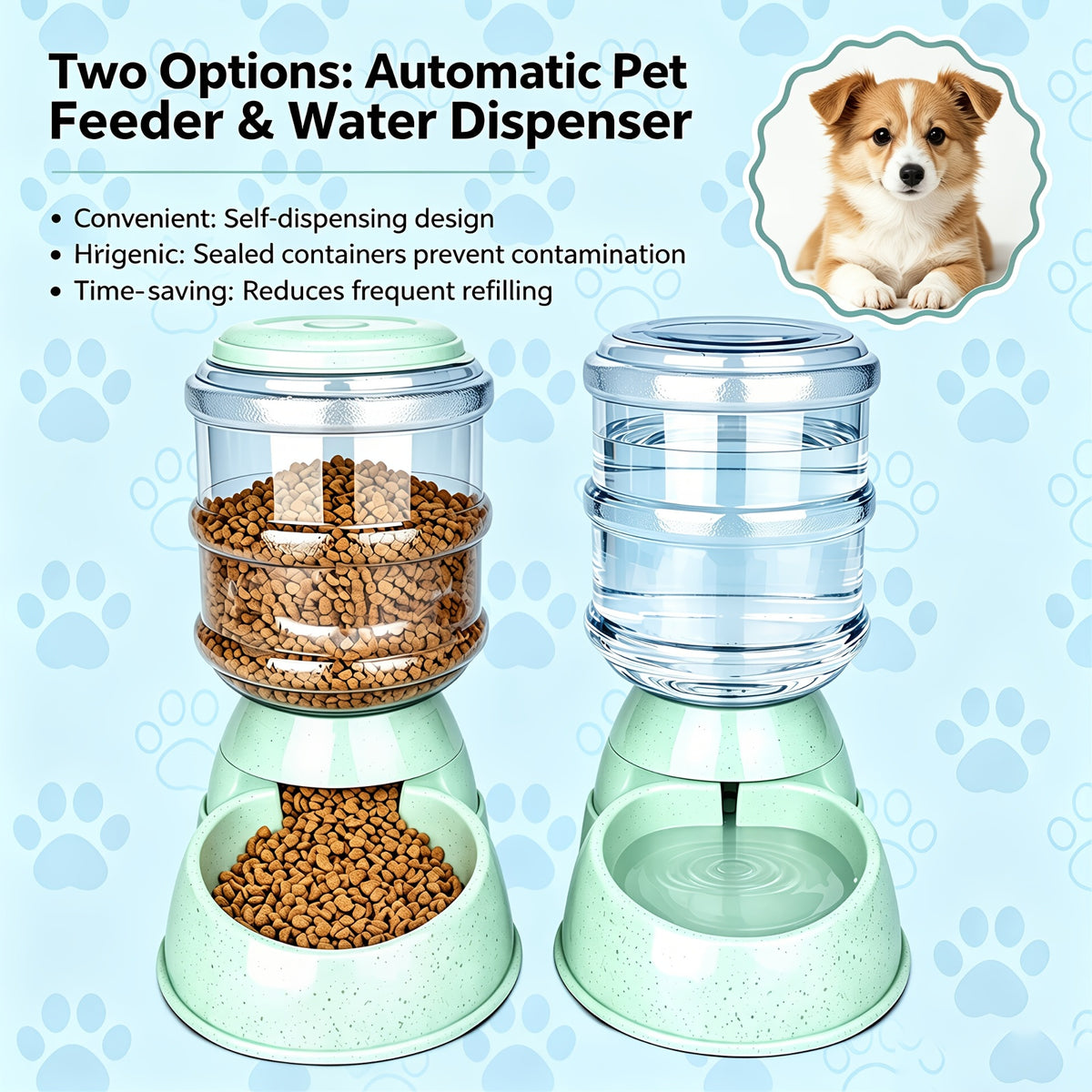 Gravity Pet Dispenser for Food or Water, Battery-Free Feeder or 1 Gallon Waterer with Clear Reservoir for Cats and Small to Medium Dogs, Three Colors