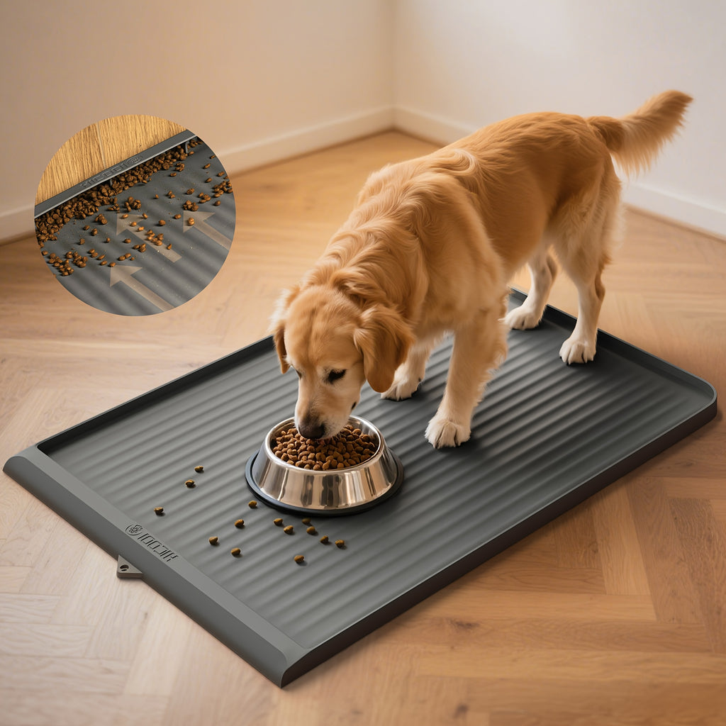 Large Dog Feeding Mat 36 x 24 Inches, Grey Waterproof Pet Bowl Placemat with Raised Edges, Grooved Surface and Roll-Up Design for Food and Water