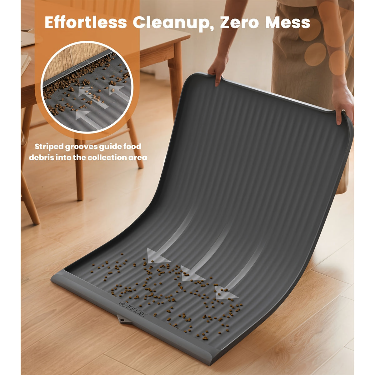 Large Dog Feeding Mat 36 x 24 Inches, Grey Waterproof Pet Bowl Placemat with Raised Edges, Grooved Surface and Roll-Up Design for Food and Water