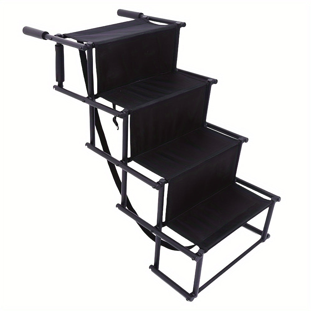 Folding Dog Car Stairs with Non-Slip Steps, Collapsible Pet Access Ladder with Attachment Strap for Cars, SUVs and Trucks, Black Upgrade Model