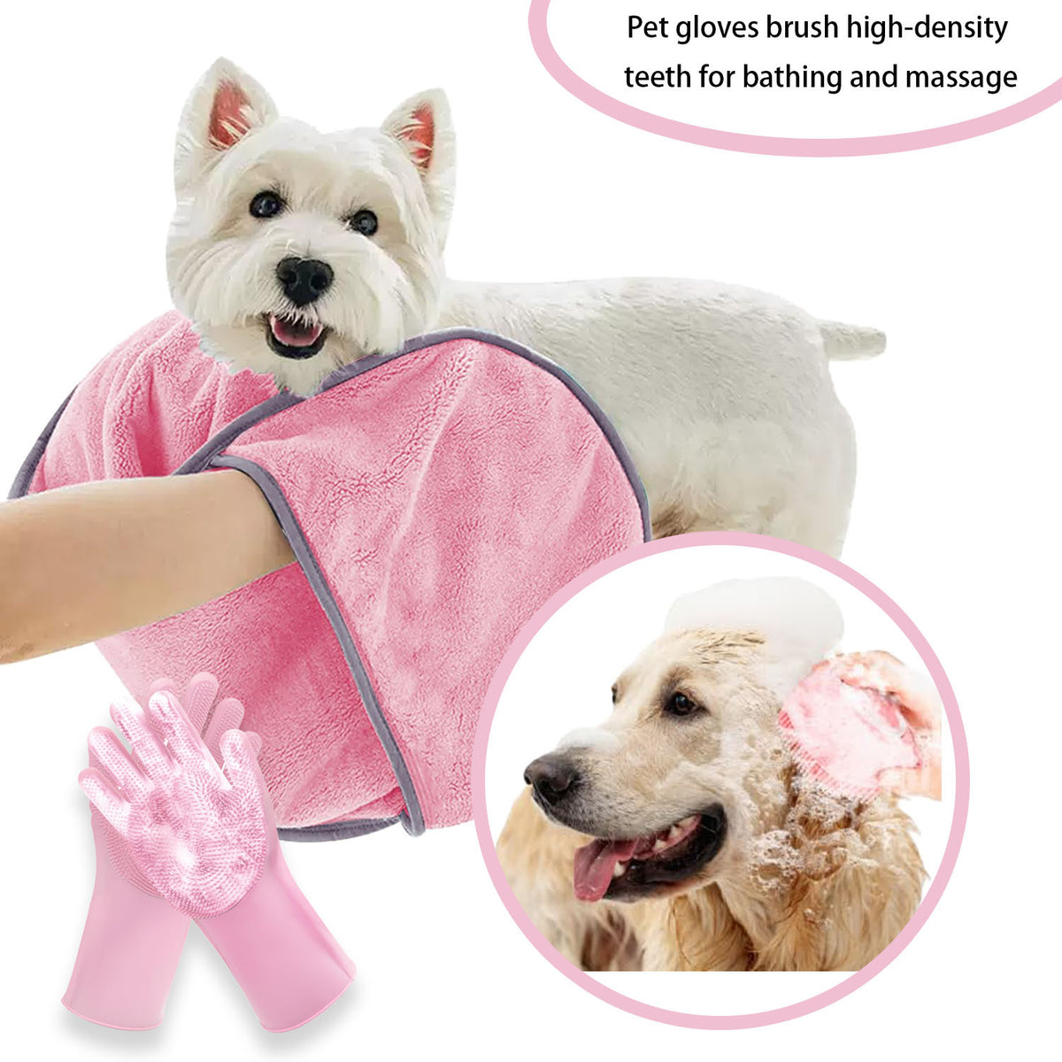 Pet Grooming Kit with Deshedding Gloves, 11-Piece Pink Set Including Brushes, Scissors and a Towel for Everyday At-Home Coat Care