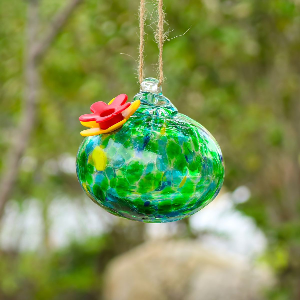 Hanging Glass Hummingbird Feeder with Flower Port, Colorful Round Nectar Ornament for Garden, Patio and Terrace Decor, Bird Lover Gift