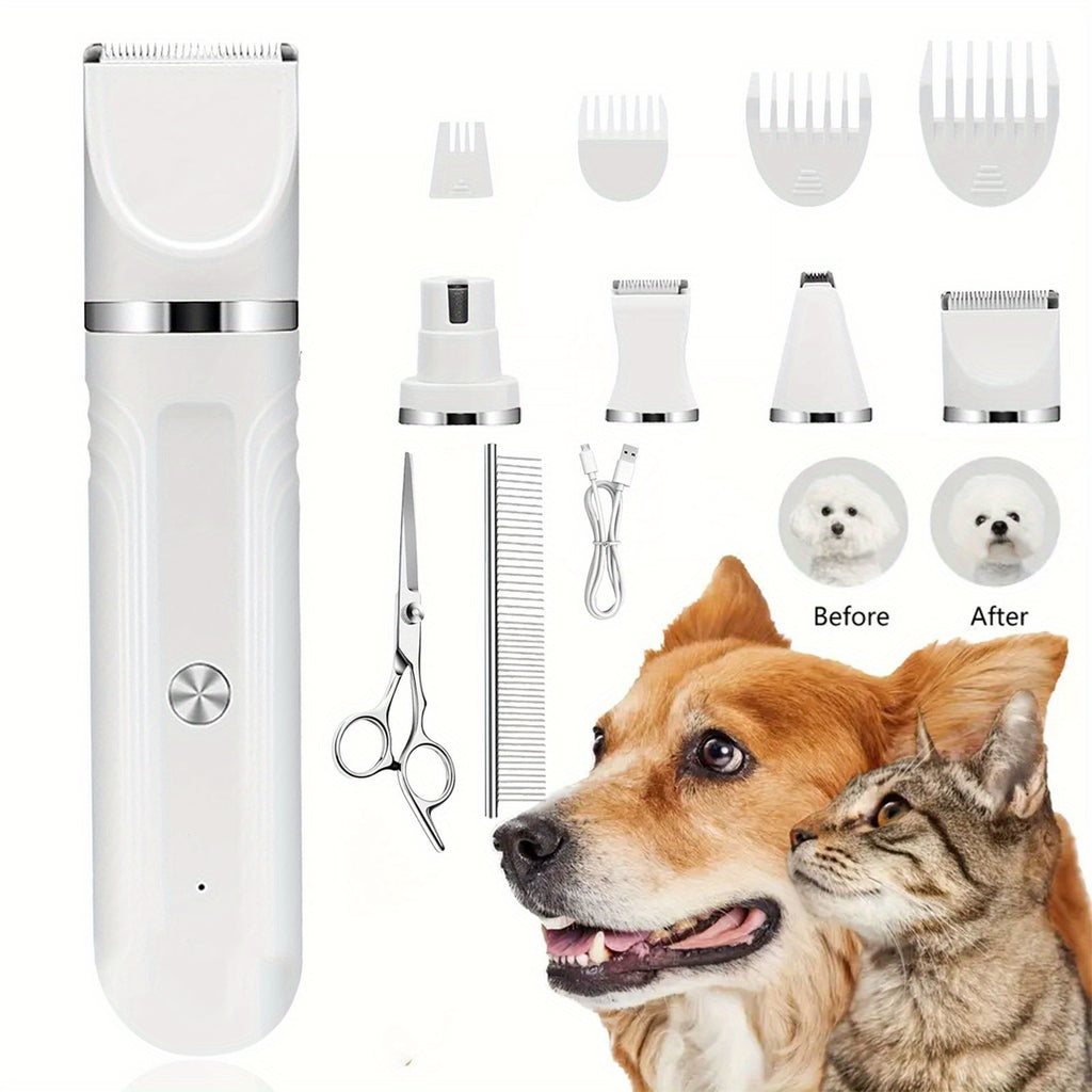 Dog Grooming Kit with Interchangeable Heads, USB Rechargeable Cordless Pet Hair Clipper with 4 Guide Combs, Steel Scissors and Comb for Home Trimming