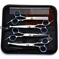 Rounded Tip Dog Grooming Scissors Kit, 7-Piece Stainless Steel Set with Straight, Thinning and Two Curved Shears, Comb, Cleaning Cloth and Storage Bag