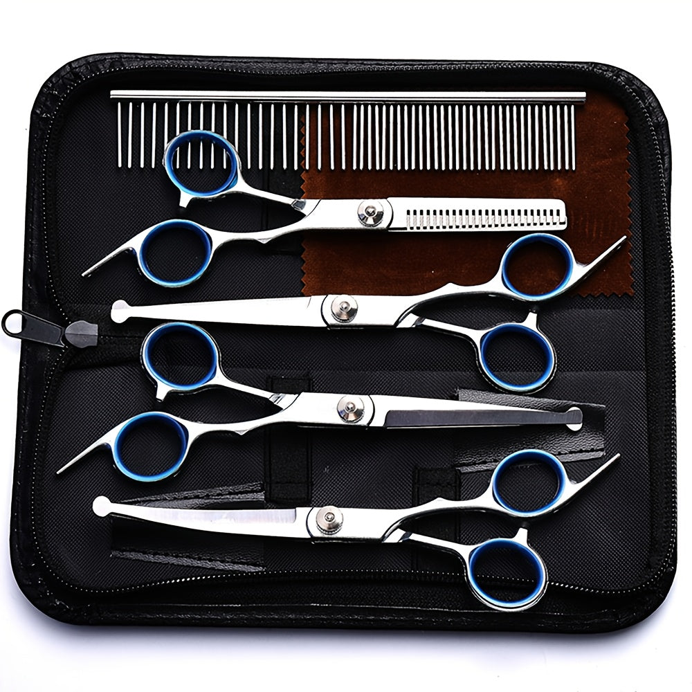 Rounded Tip Dog Grooming Scissors Kit, 7-Piece Stainless Steel Set with Straight, Thinning and Two Curved Shears, Comb, Cleaning Cloth and Storage Bag
