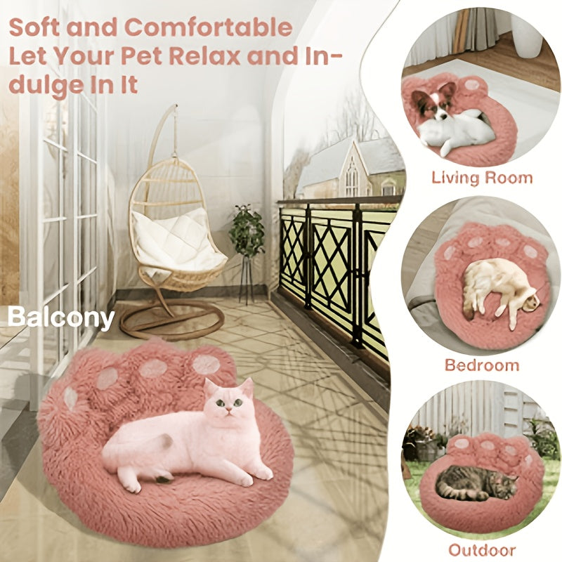 Faux Fur Pet Bed with Washable Bear Paw Design, Soft Plush Dog and Cat Sleeping Cushion with Non-Slip Bottom in Three Sizes and Colors