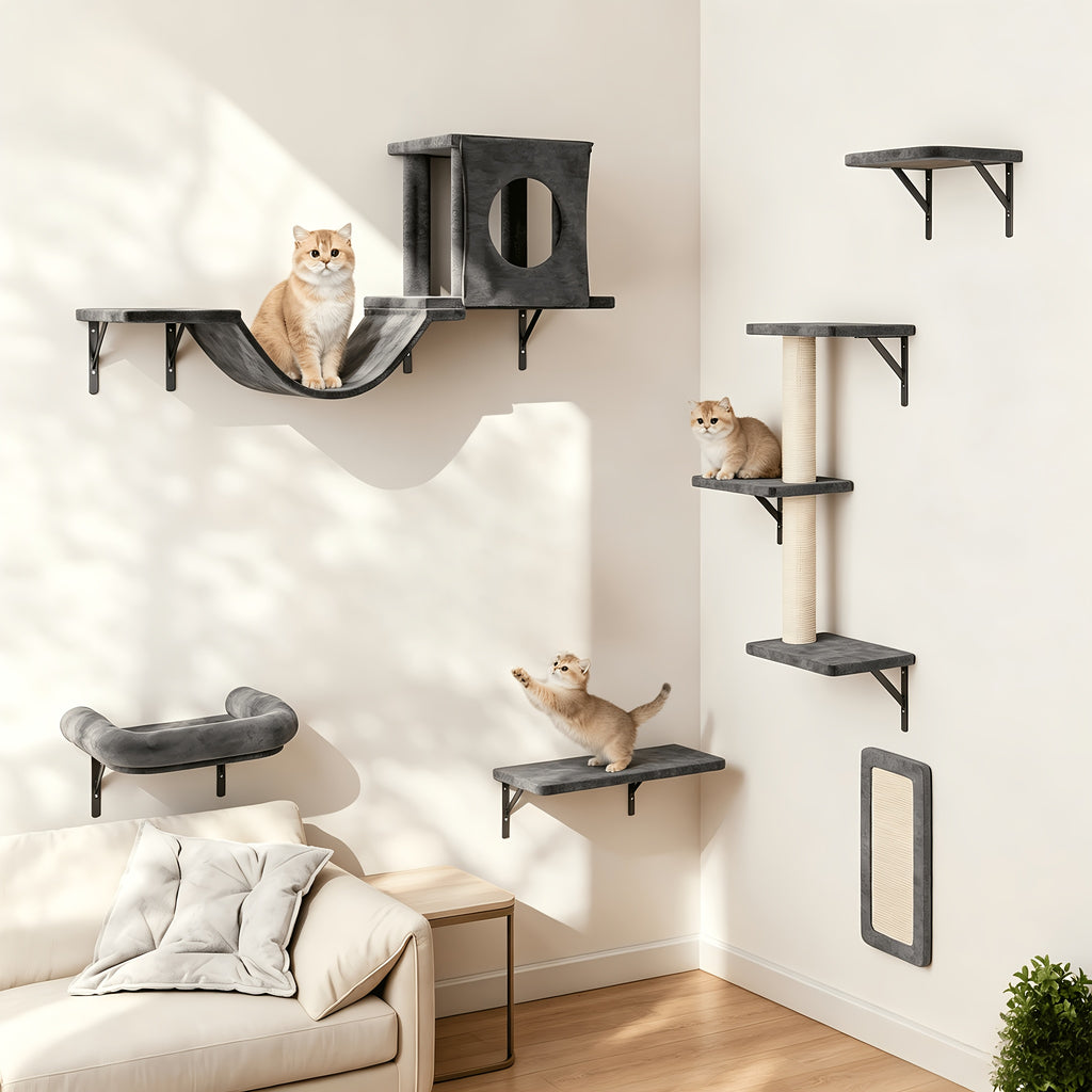 Cat Climbing Wall Shelves Set, Wall-Mounted Indoor Cat Furniture with Condo, Scratching Post, Bridge Ladder and Tunnel for Play and Rest
