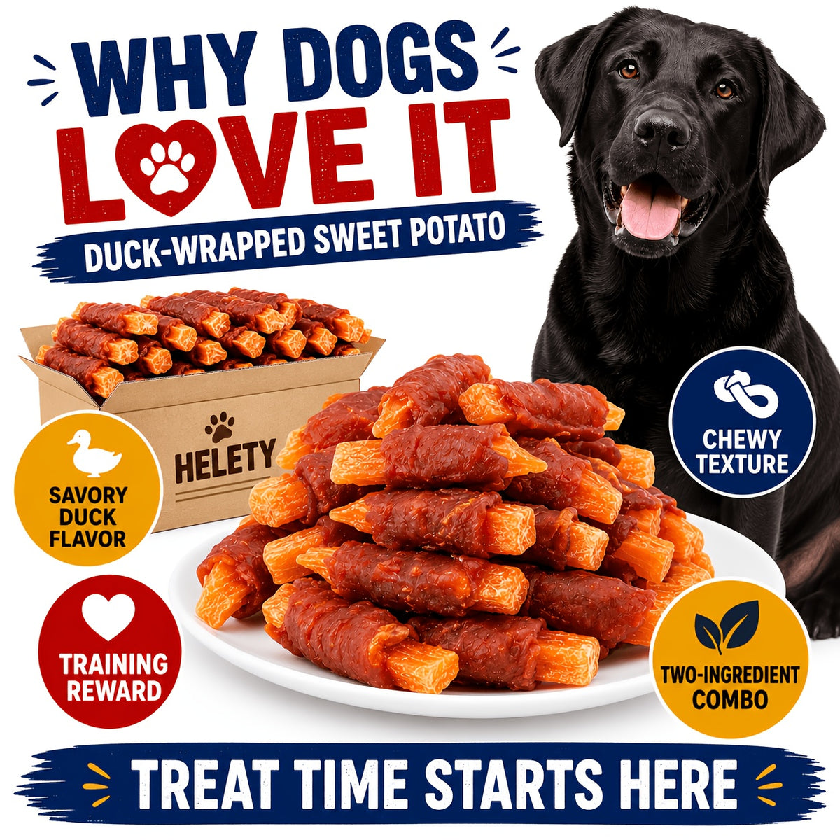 Duck Wrapped Sweet Potato Dog Treats, Chewy Snack Sticks in 220g or 450g Packs for Supervised Training Rewards and Everyday Dog Treat Time