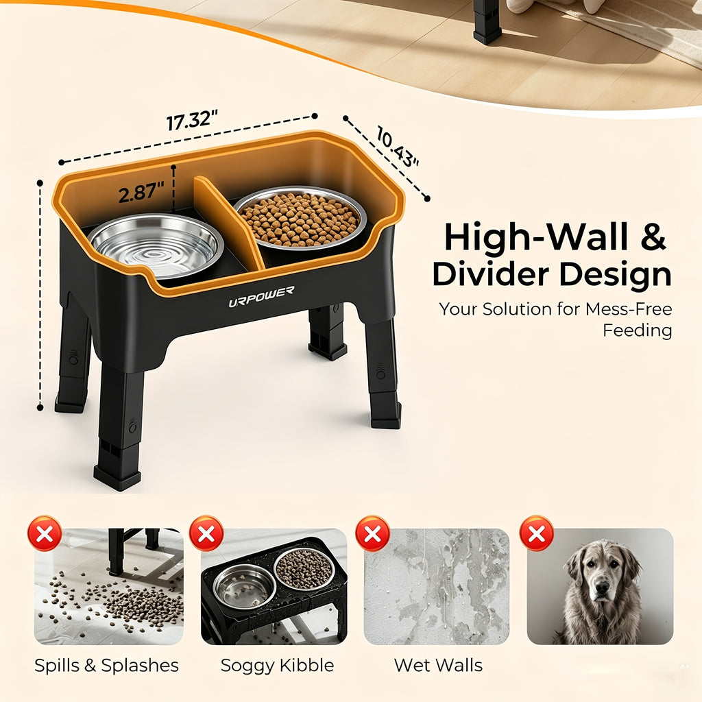Splash Guard Elevated Dog Bowls with Four Adjustable Heights, Two 53oz Stainless Steel Bowls and Non-Slip Feet for Everyday Food and Water