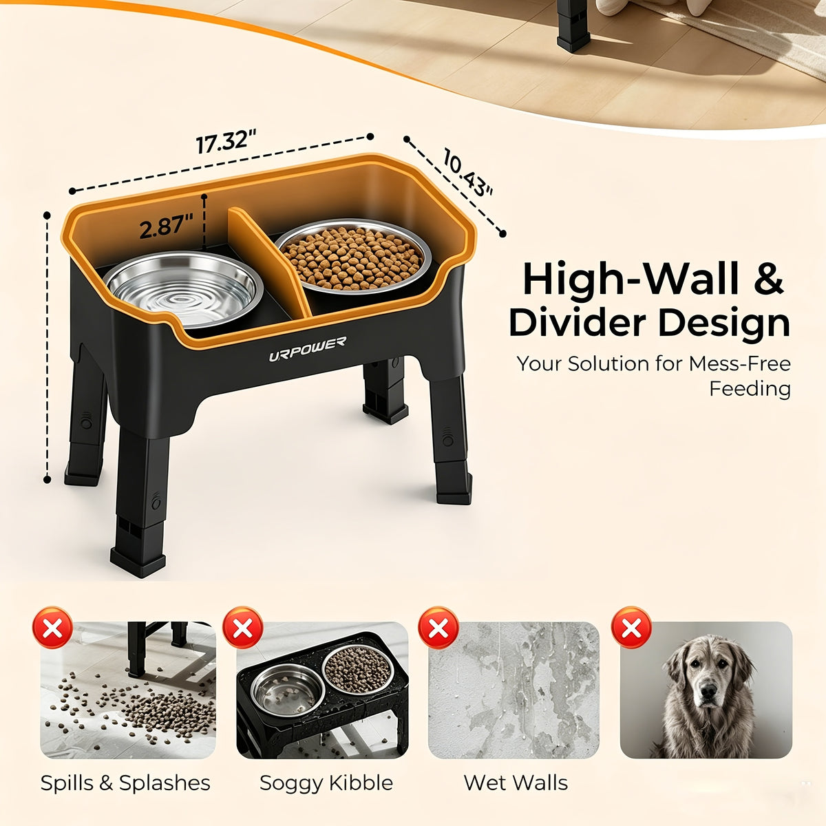 Splash Guard Elevated Dog Bowls with Four Adjustable Heights, Two 53oz Stainless Steel Bowls and Non-Slip Feet for Everyday Food and Water