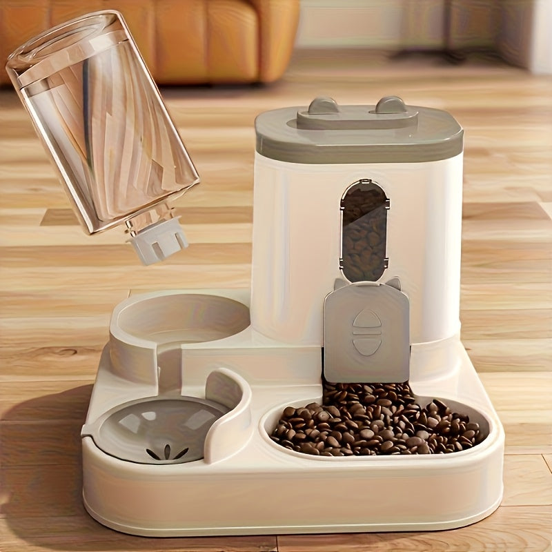 Cat Food and Water Dispenser Combo, 2-in-1 Integrated Pet Feeding and Drinking Station, Listed 4-Piece Set in Gray, Pink or Yellow