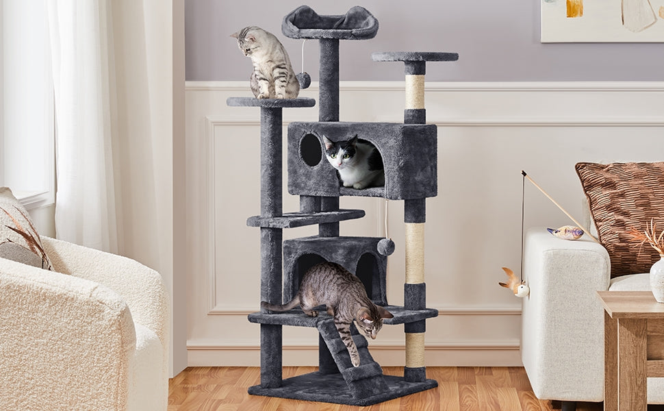 Cat Tree with Twin Hideaways, 54 or 62 Inch Dark Gray Indoor Cat Tower with Two Condos, Three Scratching Posts and Dangling Balls for Play and Rest