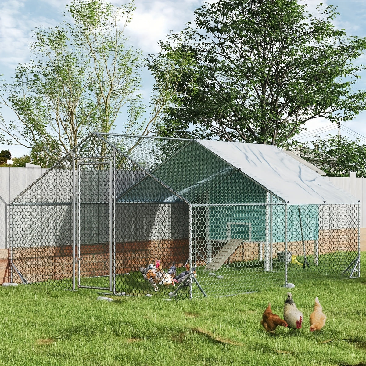 Chicken Run with UV Cover, Metal Walk-In Poultry Enclosure with Door for Backyard Hens, Outdoor Flock Care and Garden Setups, Three Size Options