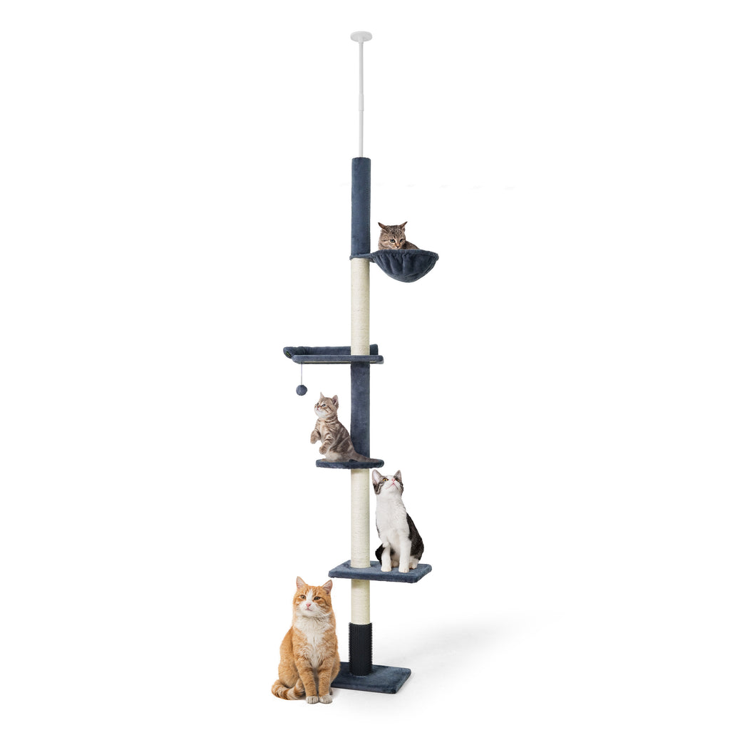 Floor to Ceiling Cat Tree with Hammock, Adjustable Cactus Cat Tower with Sisal Scratching Post, Faux-Fur Platforms and Interactive Playball for Indoor Cats