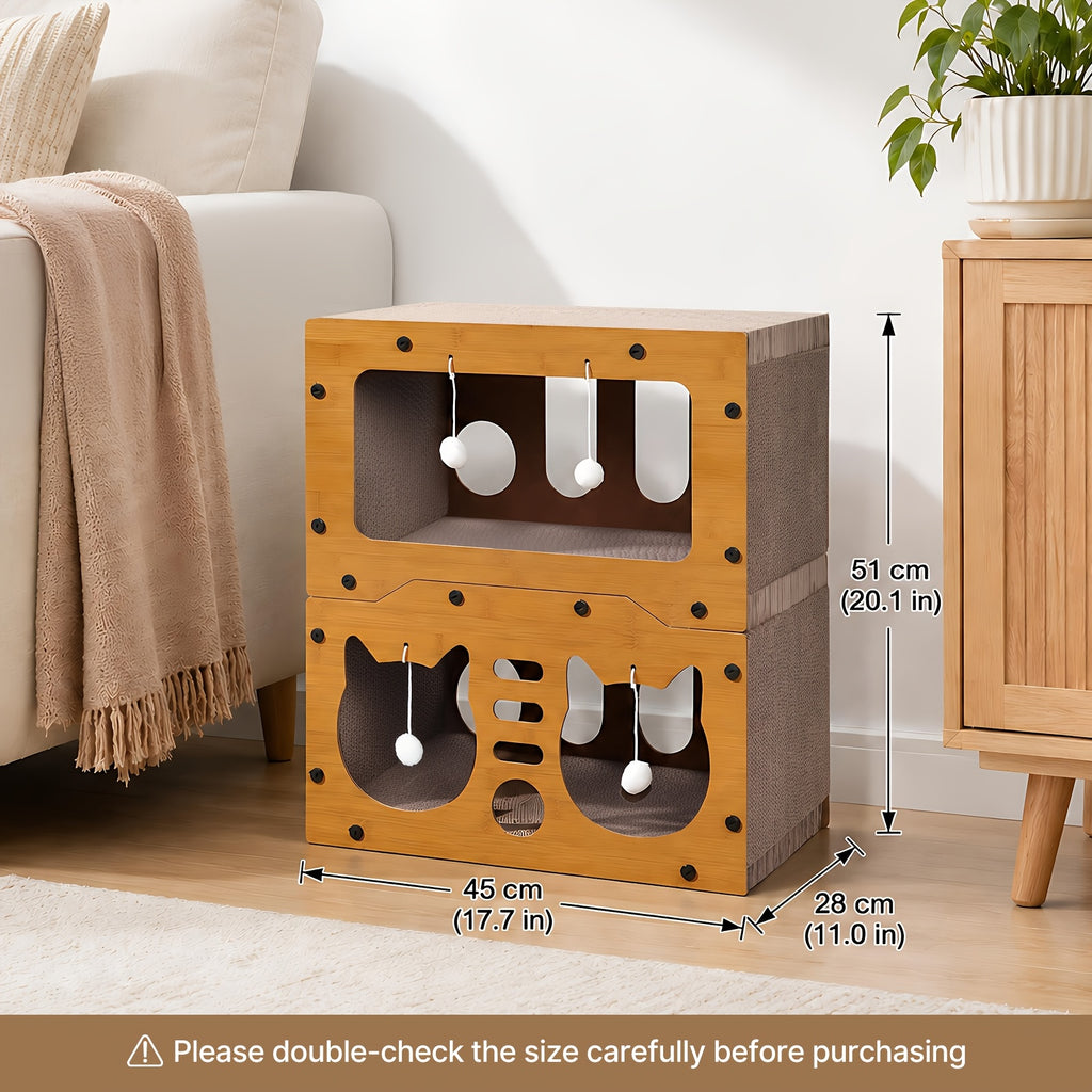 Cardboard Cat House with Scratching Board and Pompom Toy, Indoor Cat Hideout Bed for Scratching and Resting, Single or Double Layer Options