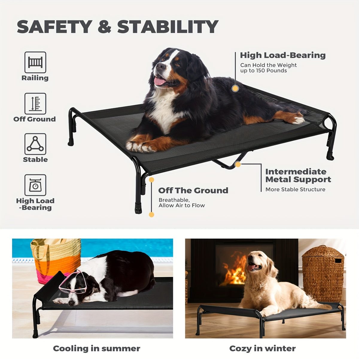 Elevated Dog Bed with Sloped Headrest, Breathable Raised Pet Cot in M to XXL Sizes for Indoor Lounging, Outdoor Rest and Camping