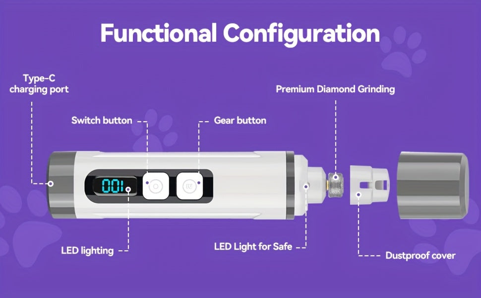 Dog Nail Grinder with LED Light, Quiet 3-Speed Rechargeable Pet Nail Trimmer with 3 Grinding Ports and Diamond Bit for Small, Medium and Large Dogs and Cats