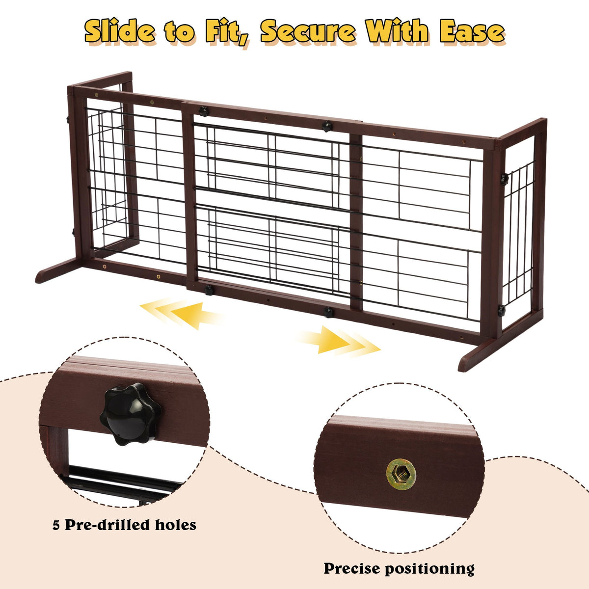 Wood Dog Gate with Sliding Width Adjustment, 38–71 Inch Freestanding Pinewood Pet Barrier with Wide Support Base for Indoor Doorways and Hallways
