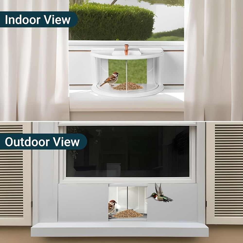 Panoramic Window Bird Feeder with 180-Degree Clear View, Recessed Feeding Tray and Lawn Deck in White for Bird Watching from Inside Your Home