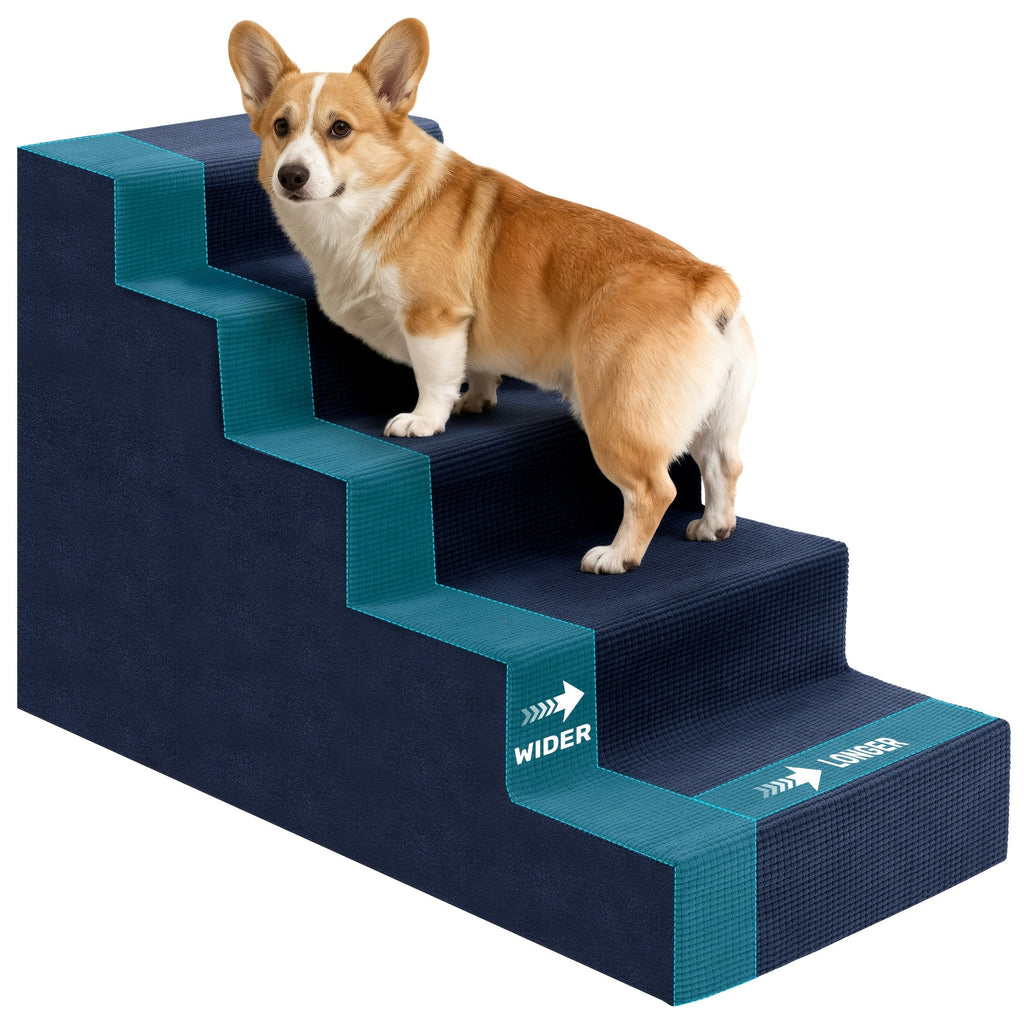 Foam Dog Stairs for Small Dogs, 5-Step Pet Steps with Supportive Board and Non-Slip Removable Washable Cover in Grey or Navy for Home Use