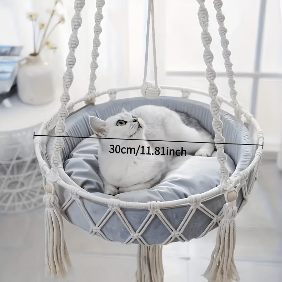 Macrame Cat Hammock in Beige, Hand-Woven Polyester Hanging Basket Bed with Semi-Enclosed Sides and Decorative Tassels for Indoor Lounging