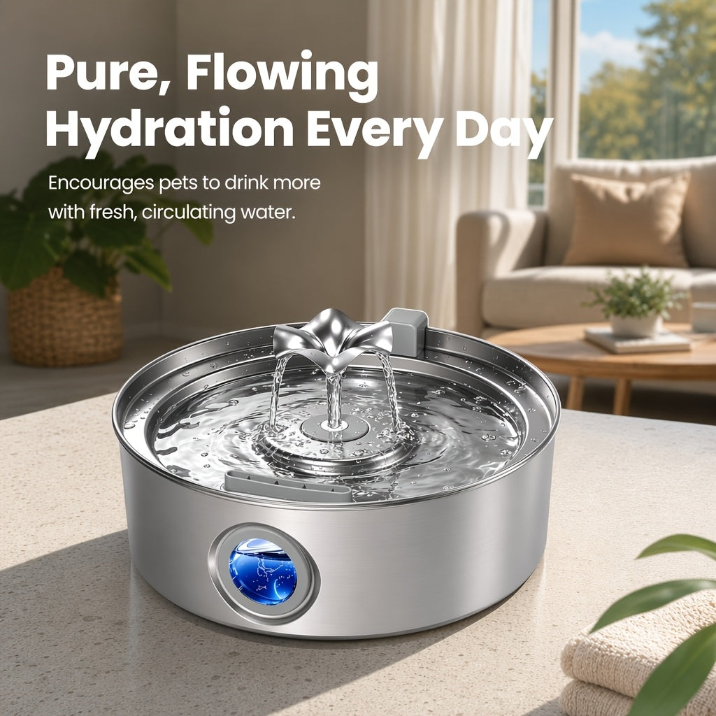 Dog Water Fountain 7L with Flower Head, 304 Stainless Steel Pet Drinking Dispenser with Water Level Window and Filter Bundle Options for Multi-Pet Homes