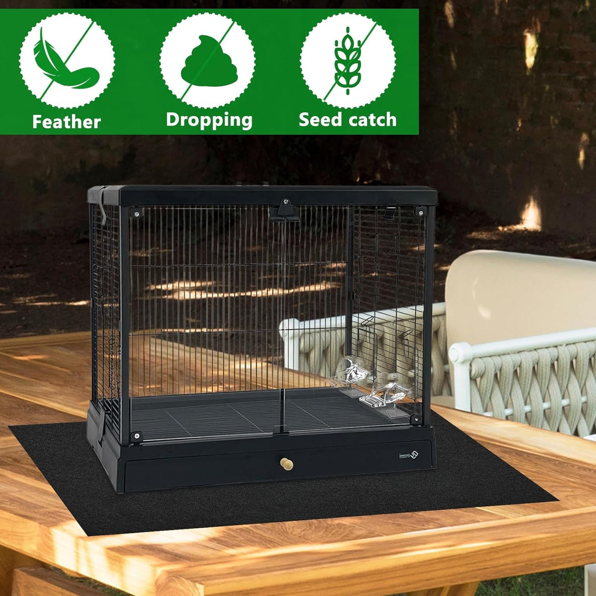 Bird Cage Floor Mat 47.2 x 35.4 Inches, Black 3mm Felt Protective Liner with Non-Slip Backing and Cut-to-Fit Design for Pet Cage Areas