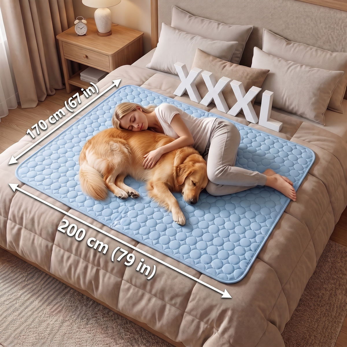 Extra Large Dog Cooling Mat for Dogs and Cats, 79 x 67 Inch Washable Non-Slip Summer Fabric Pad for Sofa Covers, Beds and Crate Liners, Blue