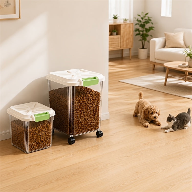 Dog Food Storage Container Set, 2-Piece Airtight Large and Medium Clear Plastic Bins with Rolling Wheels and Measuring Cup for Dry Cat and Dog Kibble