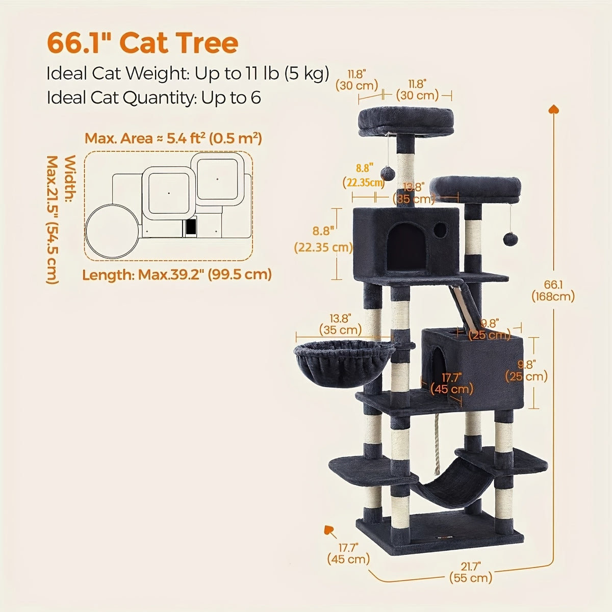 Cat Tree 66.1 Inch with 13 Scratching Posts, Five-Level Indoor Tower with Two Caves, Padded Perches, Basket, Hammock and Scratching Ramp