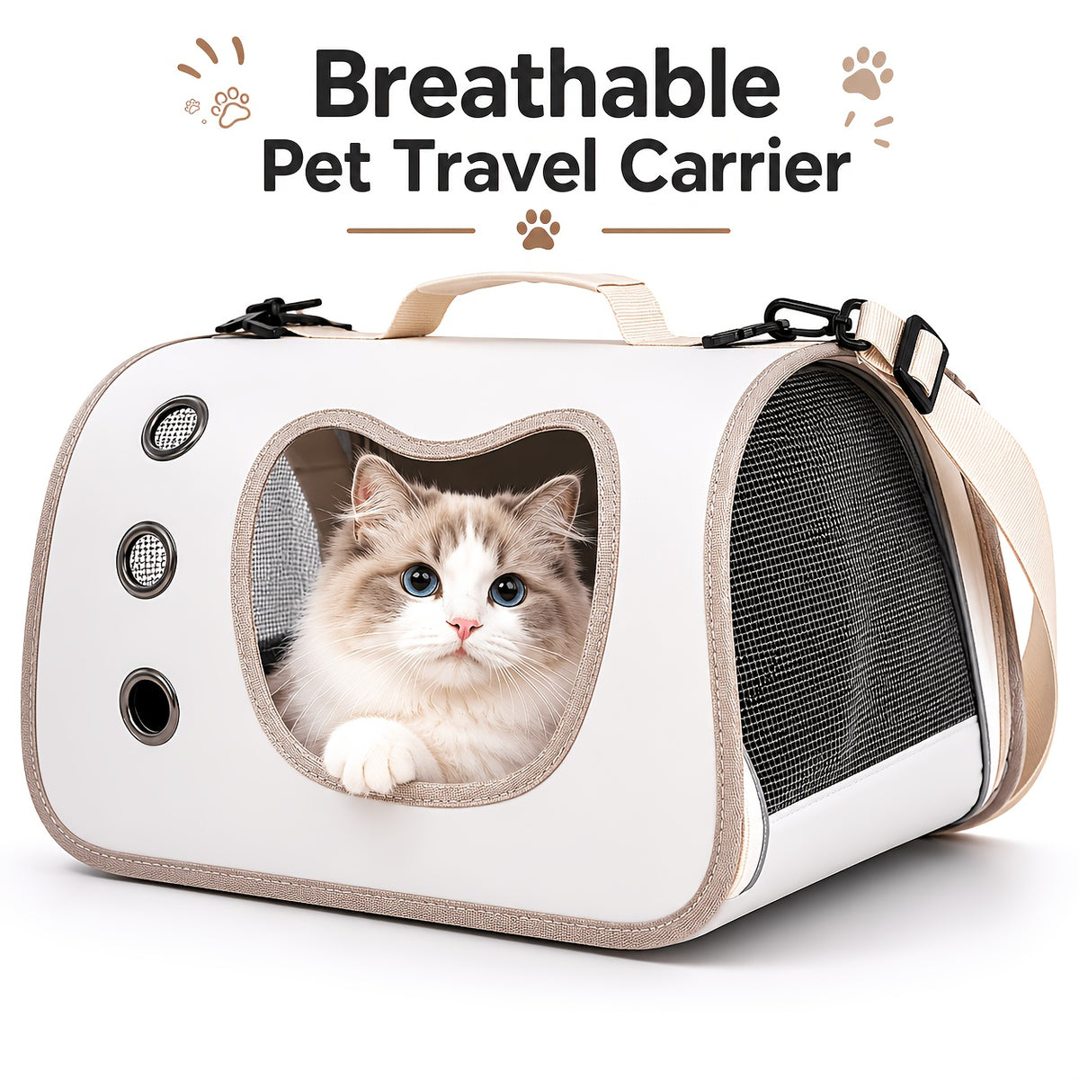 Cat Carrier with Cat-Face Viewing Window, Foldable Pet Travel Bag with Mesh Ventilation and Adjustable Shoulder Strap for Kittens and Small Dogs