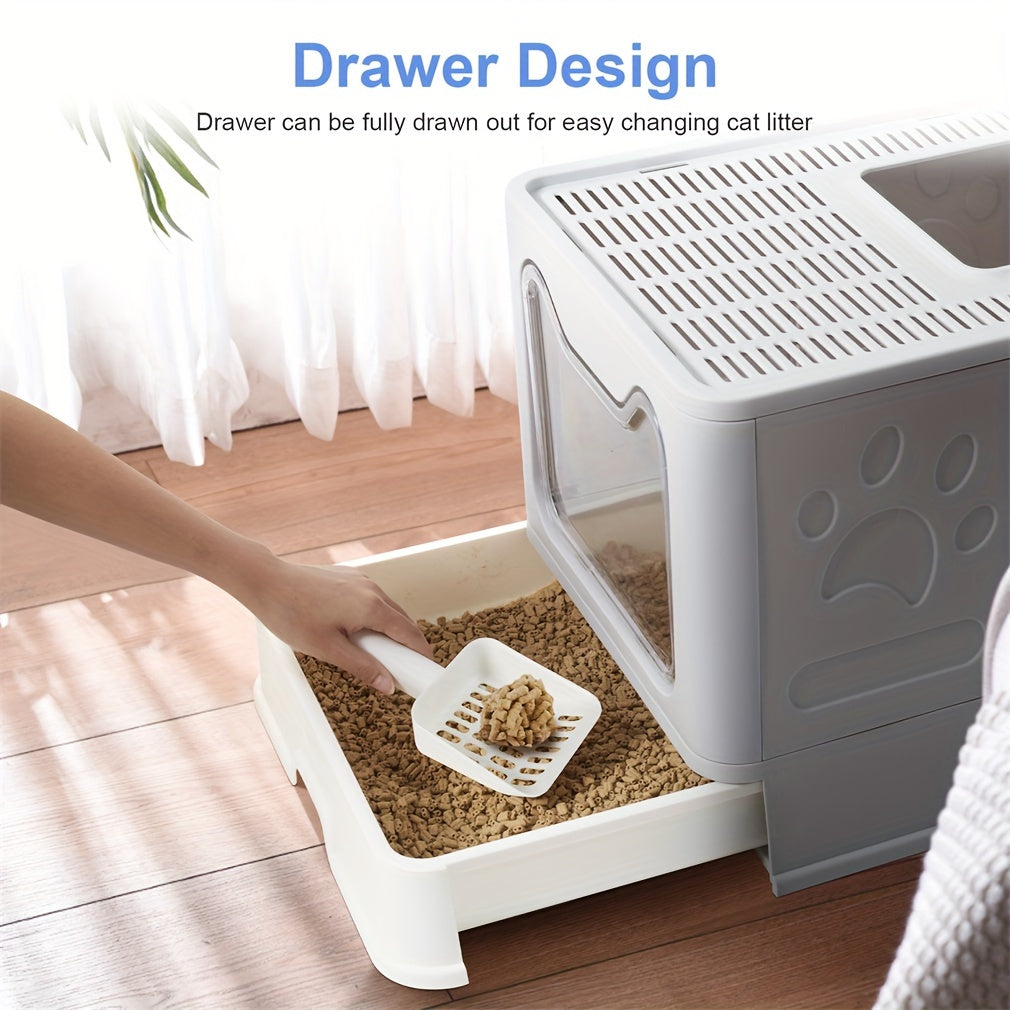 Foldable Cat Litter Box with Drawer Tray and Scoop, Large Plastic Top-Entry Kitty Toilet with Perforated Lid for Indoor Cat Potty Care