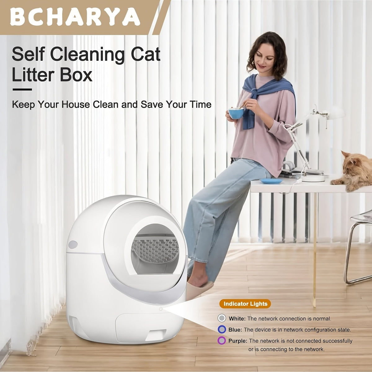 Self Cleaning Litter Box with App Control, White Automatic Cat Toilet with Odor Control Features and Waste Bags for Multi-Cat Household Cleanup