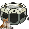 Collapsible Pet Playpen with Mesh Windows and Removable Zipper Top, Octagonal Oxford Fabric Enclosure for Dogs and Cats, Gray or Brown Indoor Outdoor Pen